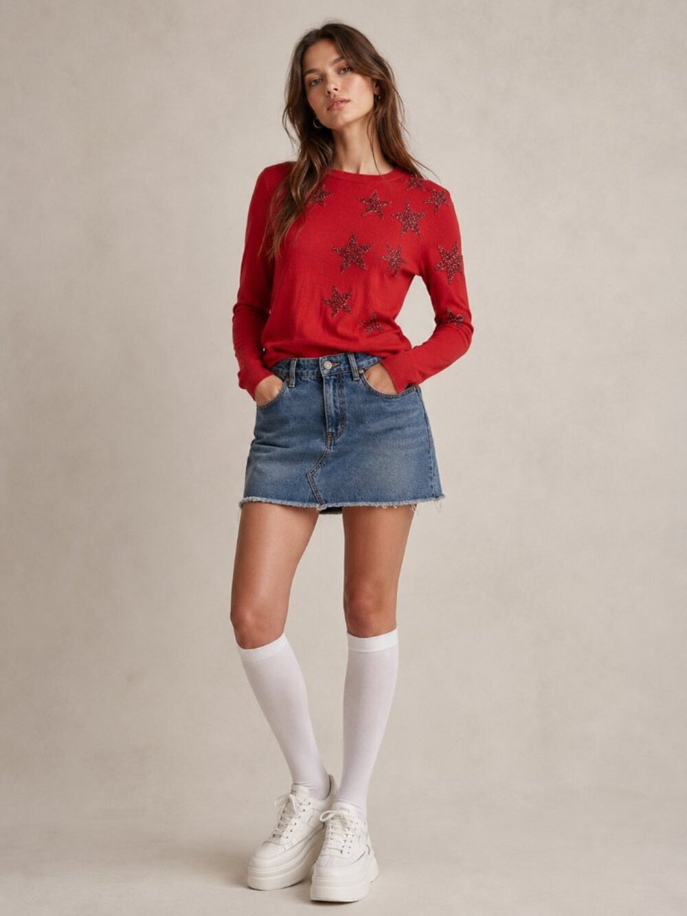 The Kooples Red Star Sequin Wool Sweater Size XL